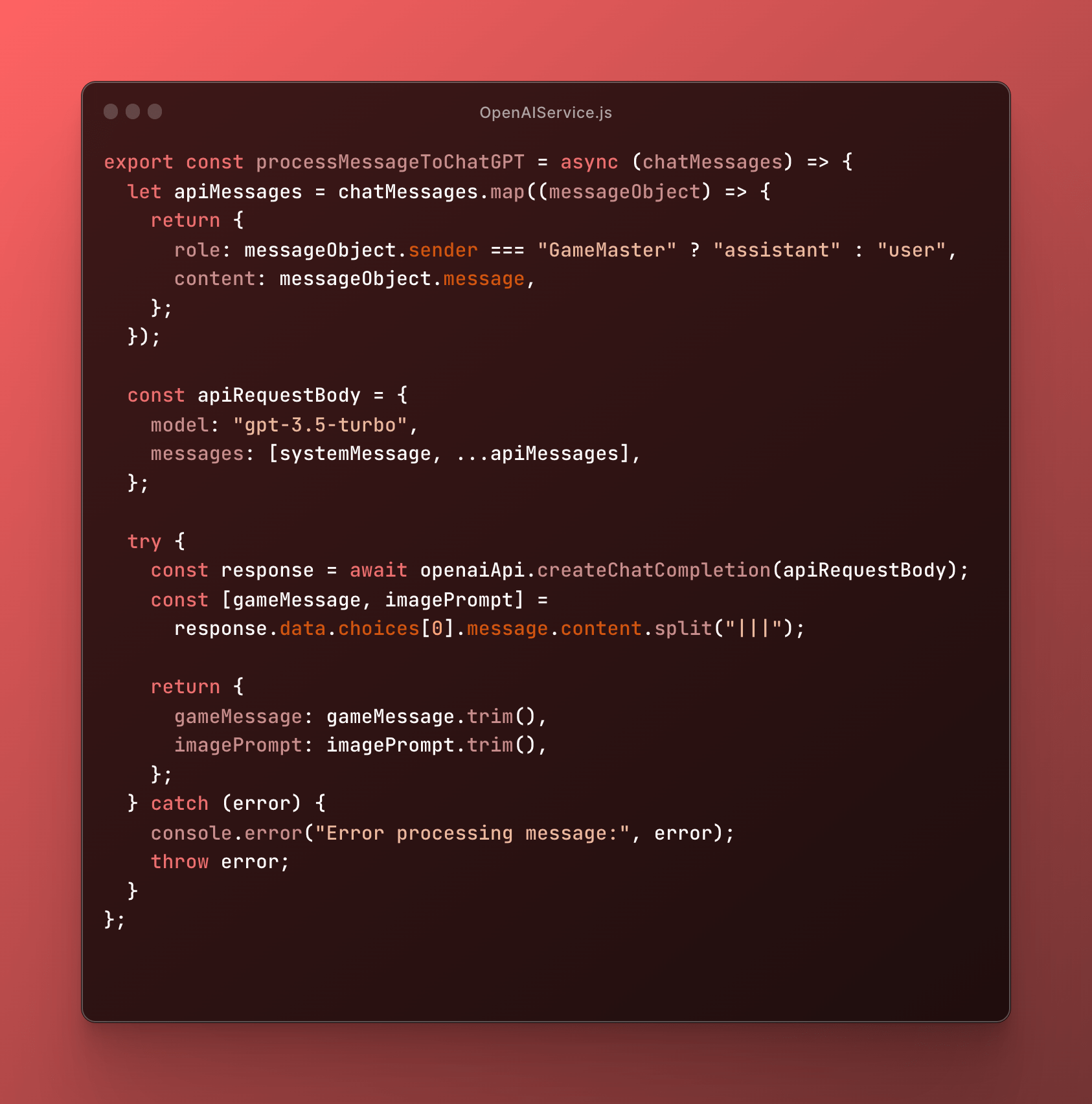 My openai chatgpt js code screenshot