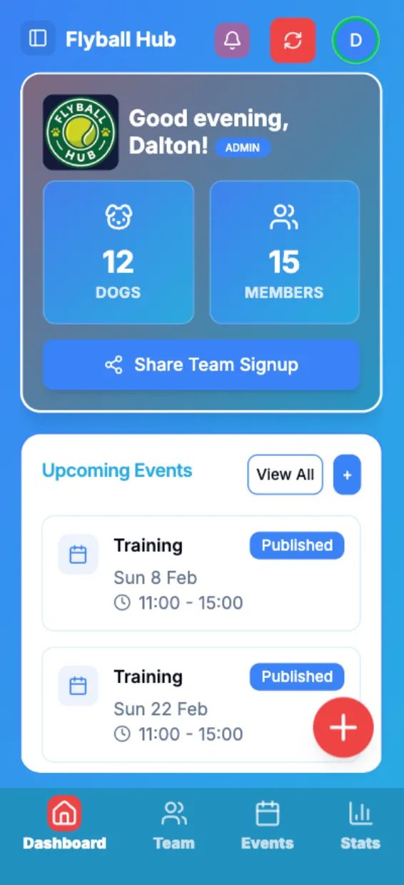 Flyball Hub mobile dashboard showing team dogs, members and upcoming training events