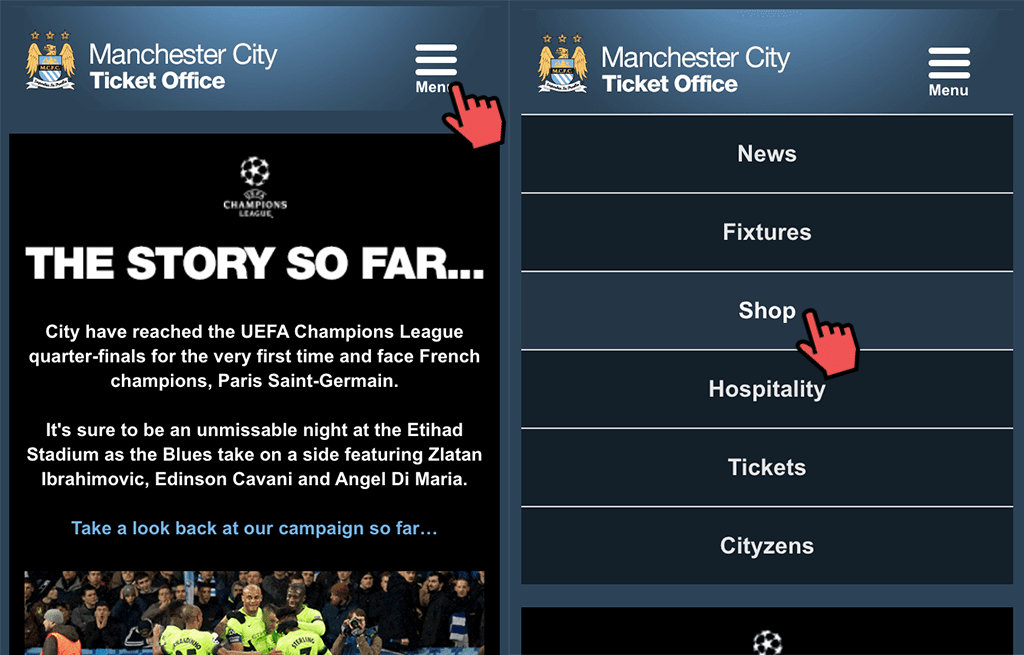 An example of how the hamburger navigation works within the Manchester City HTML email